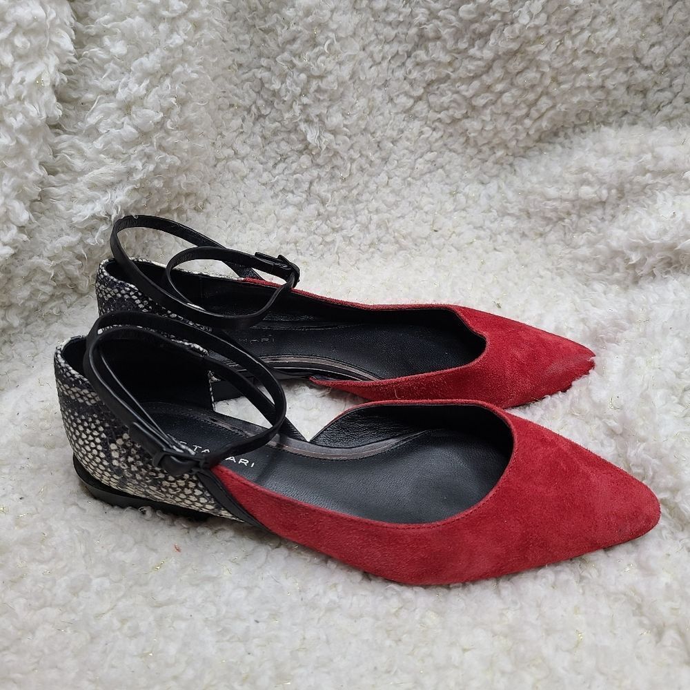 Elie Tahari Red Suede and Snakeskin Color Block Pointed Toe Ankle Strap